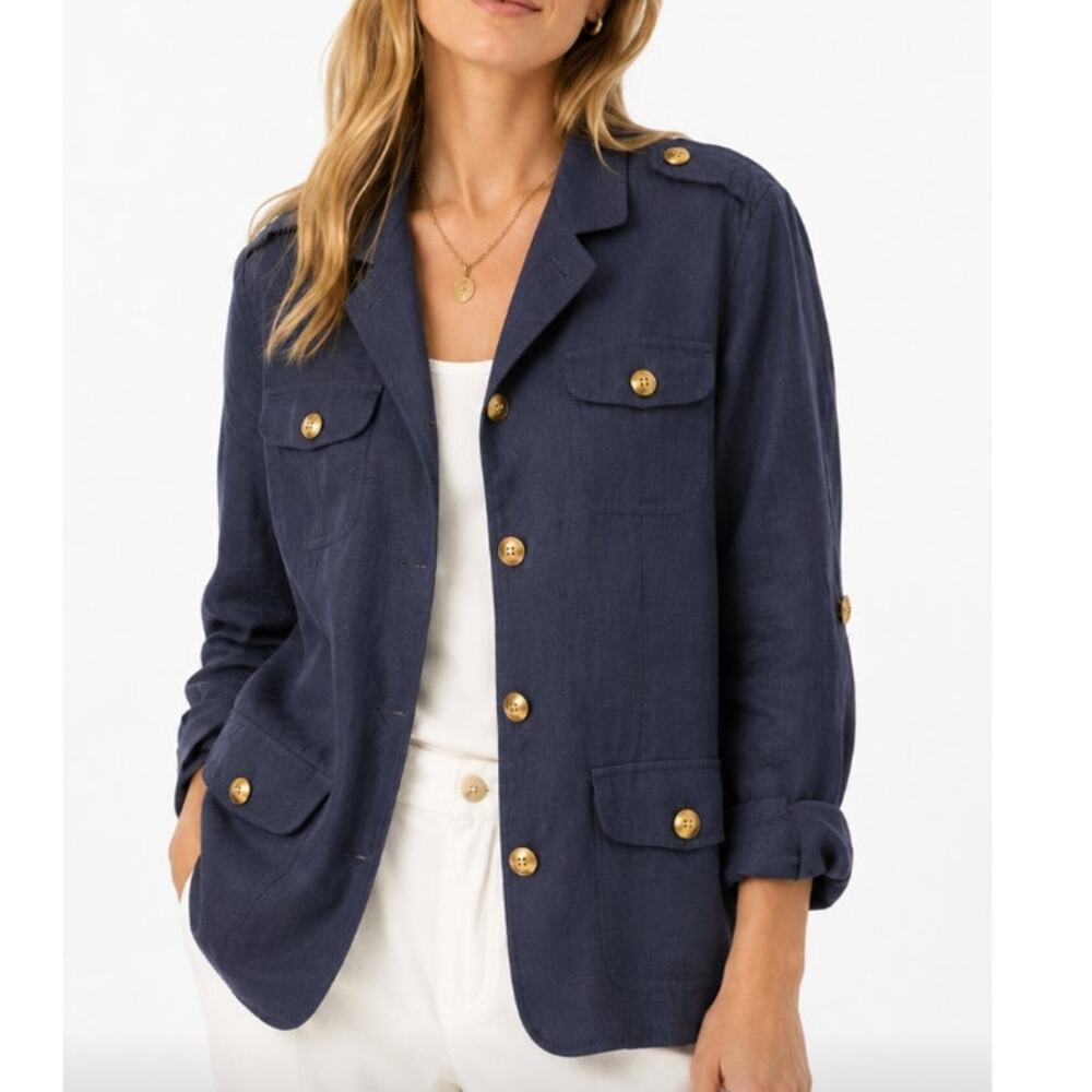 Coldwater Creek Women's Linen Jacket Navy Blue Roll Tab Sleeves Spring Layering